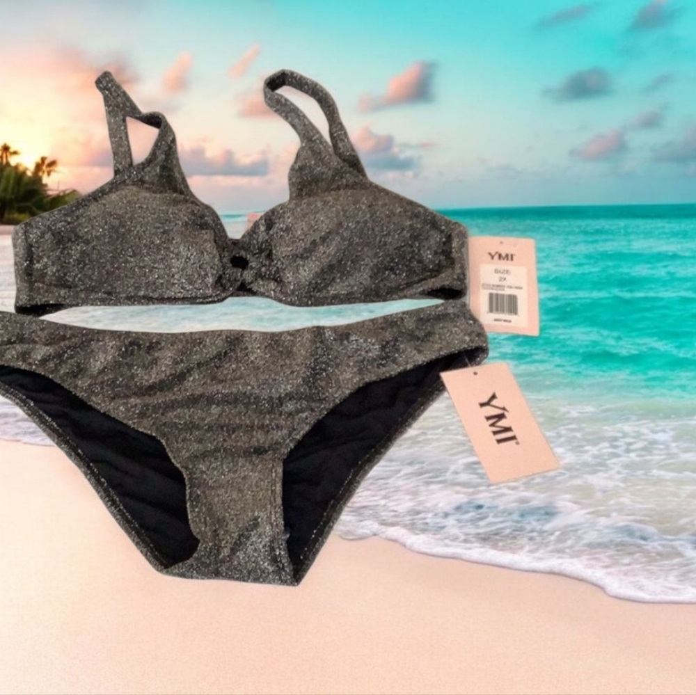 YMI bikini silver black stretchy adj straps. Size 2X fits more XL / 1X N…